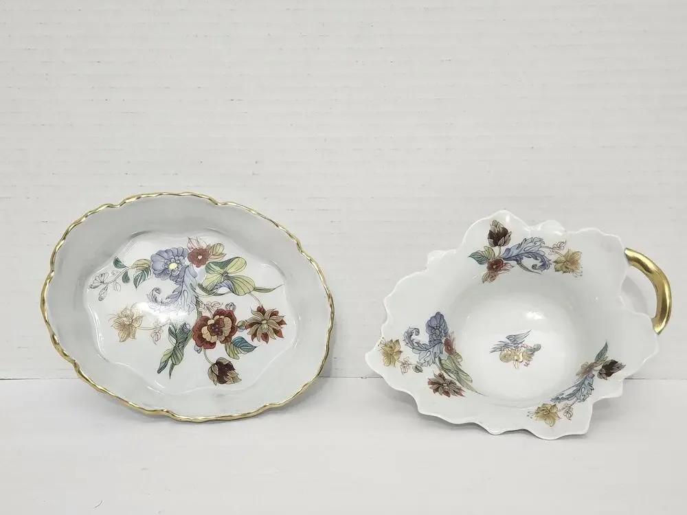 Vintage Fine Porcelain Floral Trinket Dish Bowl Set Gold Trim